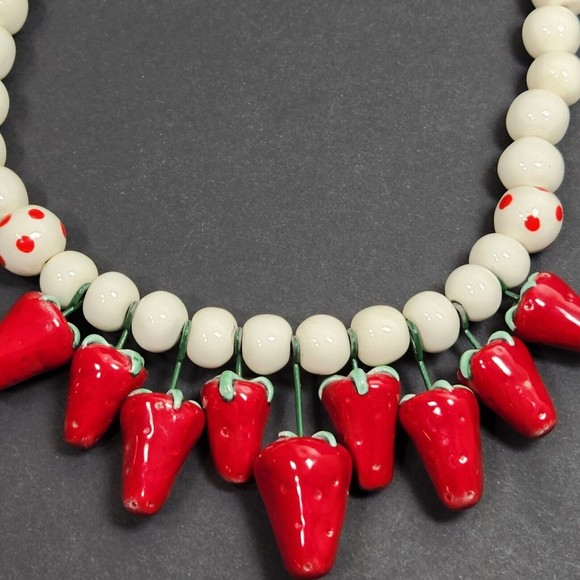 Vintage Flying Colors Strawberry Charms Necklace Ceramic Art 16.5 Inch Red White - Picture 7 of 8